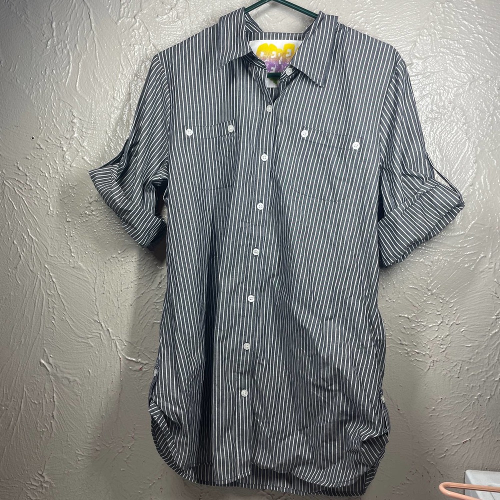 Derek Heart Black White Roll Tab Sleeve Button Up Striped‎ Blouse Womens Sz XL